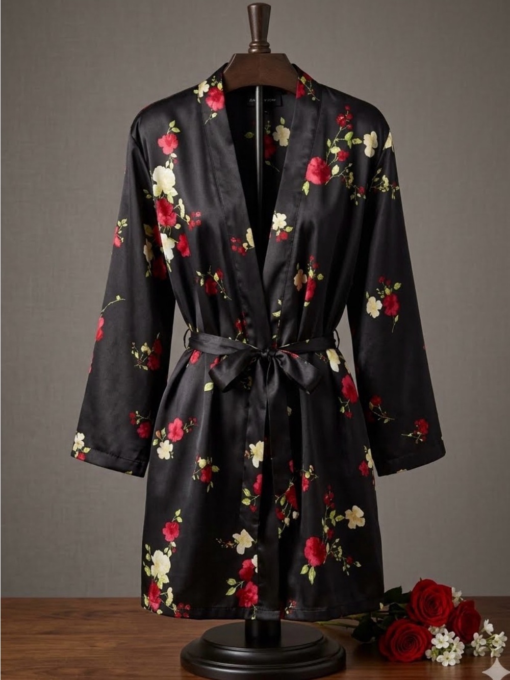 Jones New York Black Floral Satin Robe Size L/XL 0384